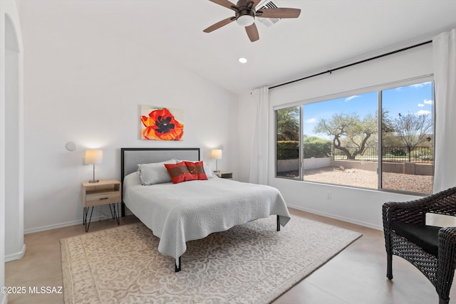 bedroom featuring recessed lighting, baseboards, a ceiling fan, and vaulted ceiling