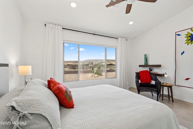 bedroom with recessed lighting, baseboards, a ceiling fan, and vaulted ceiling