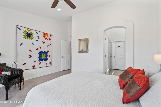 37790 S Desert Bluff Dr, Tucson, AZ 85739 - bedroom featuring recessed lighting, baseboards, arched walkways, and a ceiling fan