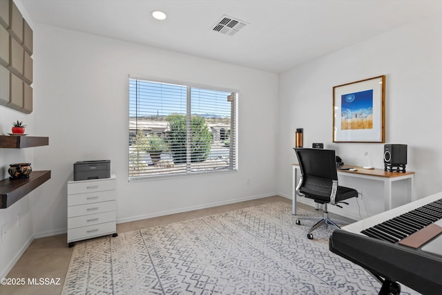 office featuring recessed lighting, baseboards, and visible vents