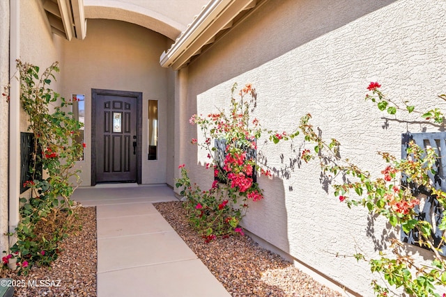 doorway to property with stucco siding