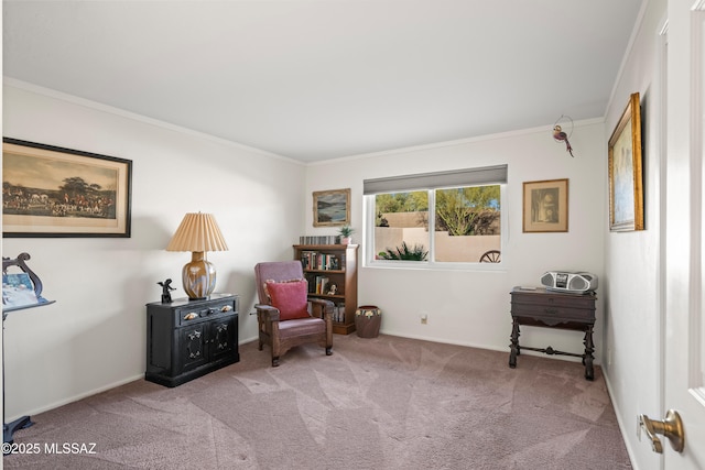 sitting room featuring crown molding, baseboards, and carpet