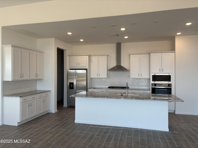 14722 E Sands Ranch Rd, Vail, AZ 85641 - kitchen with wall chimney range hood, stainless steel fridge with ice dispenser, a sink, decorative backsplash, and white cabinets