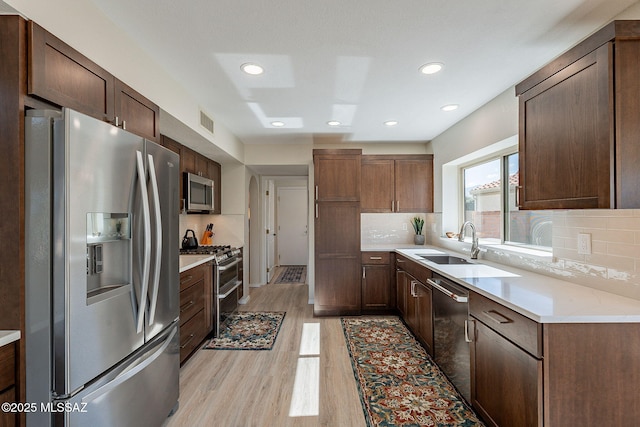 kitchen featuring visible vents, a sink, tasteful backsplash, appliances with stainless steel finishes, and light wood finished floors