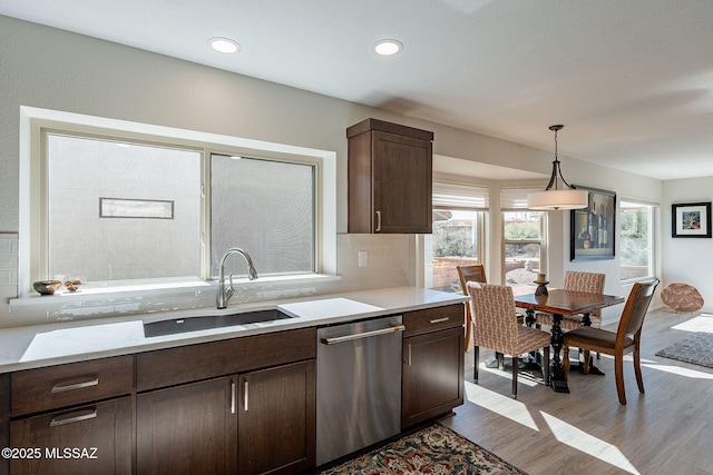 kitchen featuring wood finished floors, a sink, decorative backsplash, dark brown cabinetry, and dishwasher