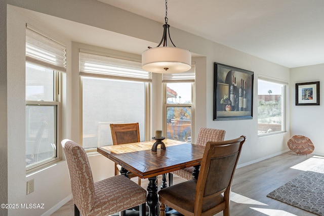 dining area with baseboards and wood finished floors