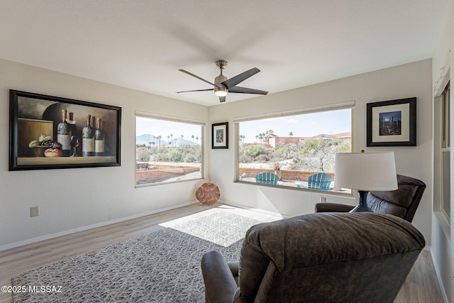 living area featuring a ceiling fan, wood finished floors, and baseboards