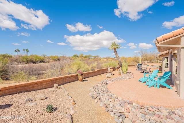 view of yard with fence and a patio area