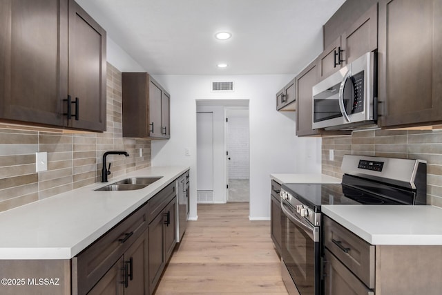 kitchen featuring visible vents, a sink, light countertops, appliances with stainless steel finishes, and light wood-type flooring