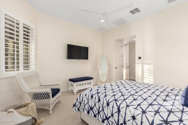 bedroom featuring a ceiling fan, recessed lighting, carpet, and visible vents