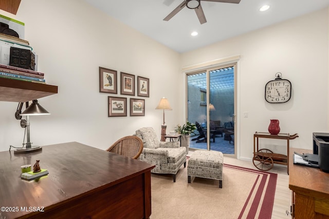 home office featuring light wood-style floors, recessed lighting, and a ceiling fan