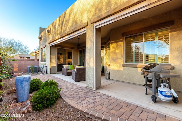 view of patio featuring central air condition unit, an outdoor living space, grilling area, and fence