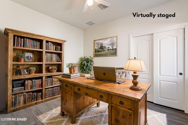 office area featuring visible vents, dark wood-type flooring, and a ceiling fan