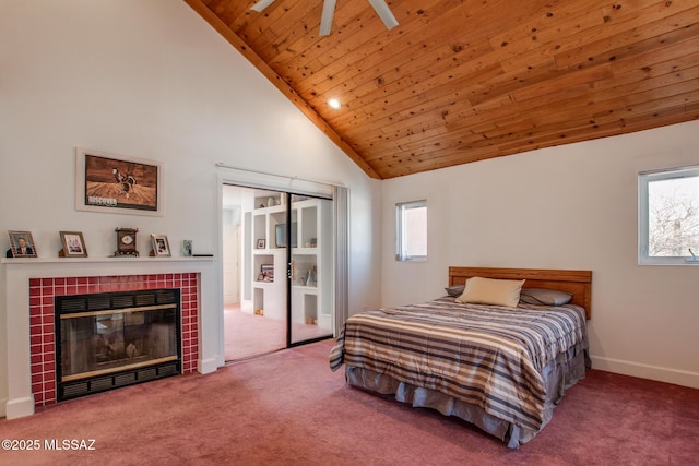 bedroom with high vaulted ceiling, a fireplace, carpet flooring, baseboards, and wood ceiling