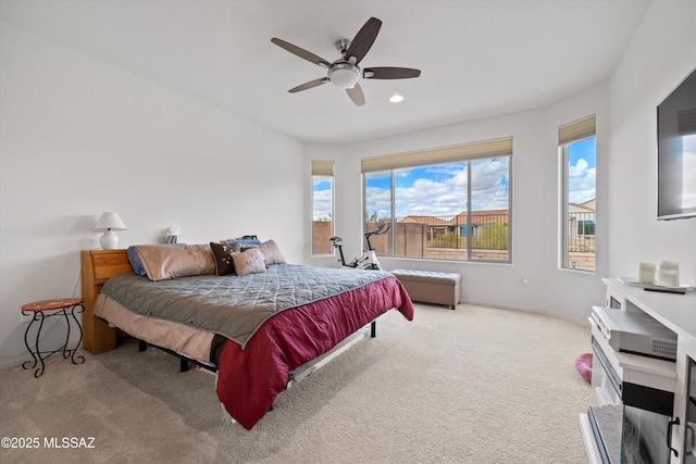 bedroom featuring recessed lighting, a ceiling fan, and carpet floors