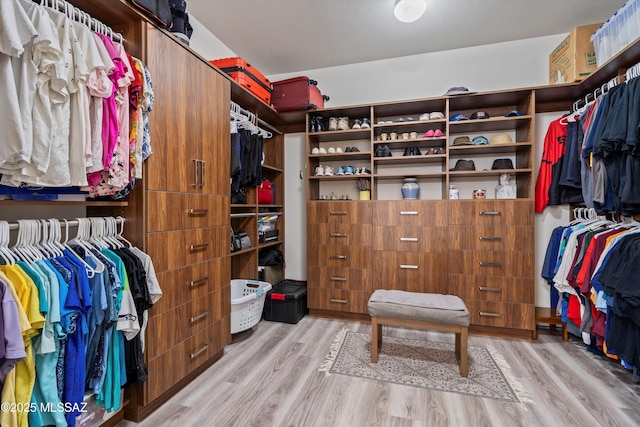 walk in closet with light wood-style flooring