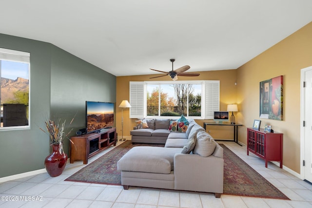 499 W Windowmaker Rd, Tucson, AZ 85737 - tiled living room featuring ceiling fan, baseboards, and lofted ceiling