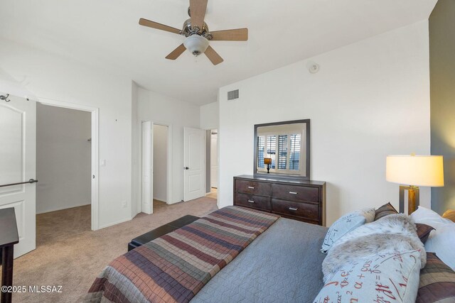 499 W Windowmaker Rd, Tucson, AZ 85737 - bedroom featuring visible vents, a ceiling fan, light carpet, and lofted ceiling