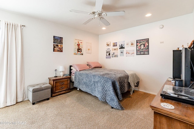 bedroom with recessed lighting, light colored carpet, and ceiling fan