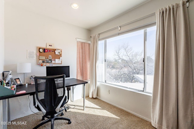 office area featuring recessed lighting, baseboards, plenty of natural light, and carpet flooring