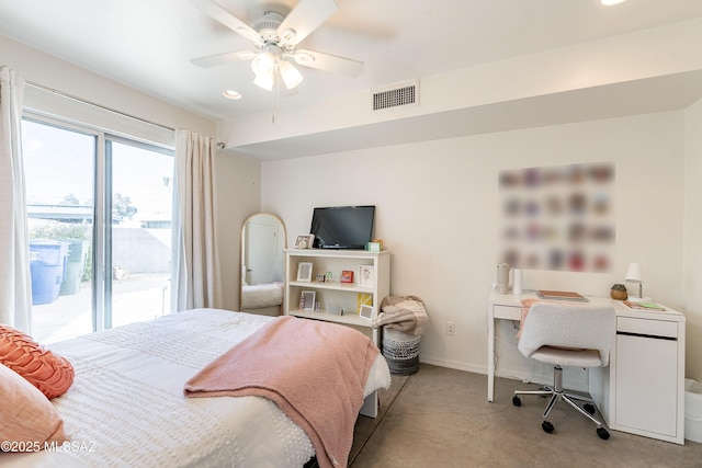 bedroom featuring visible vents, baseboards, recessed lighting, a ceiling fan, and access to outside