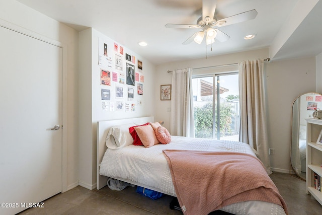bedroom with recessed lighting, baseboards, and a ceiling fan