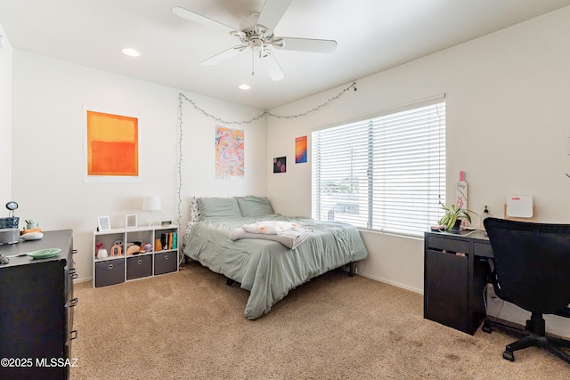 bedroom featuring a ceiling fan, recessed lighting, baseboards, and carpet floors