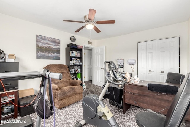 office area featuring visible vents and ceiling fan