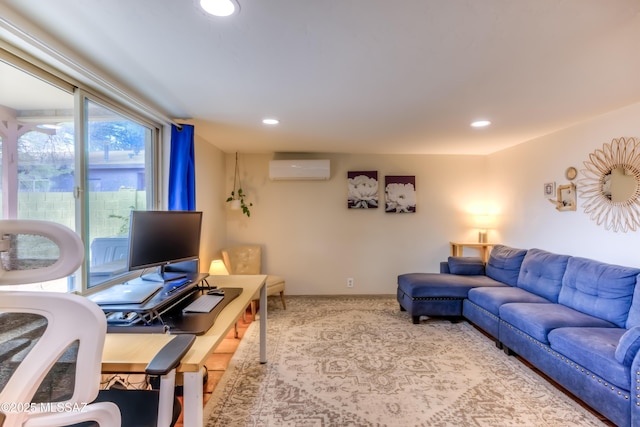 living room with recessed lighting, a wall mounted air conditioner, and carpet