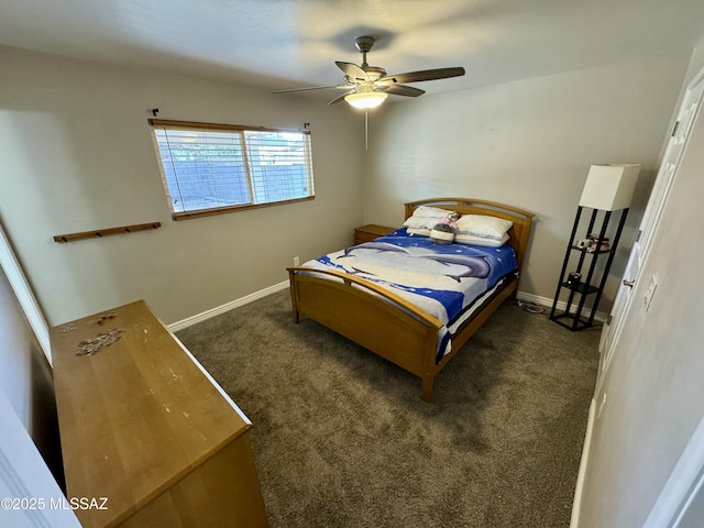 carpeted bedroom with ceiling fan and baseboards