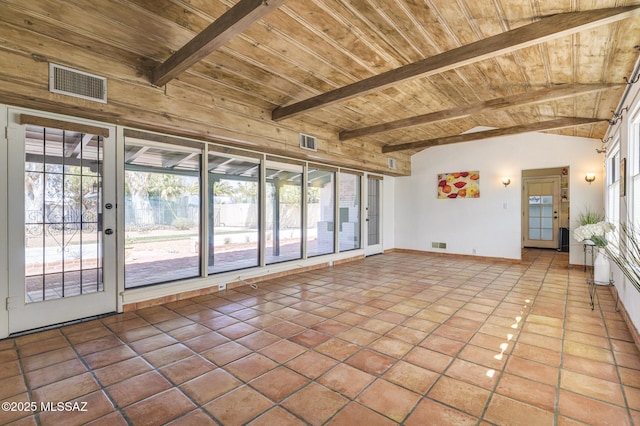 empty room with beamed ceiling, visible vents, and wood ceiling