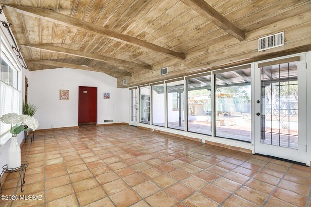 unfurnished room with visible vents, a healthy amount of sunlight, and wooden ceiling