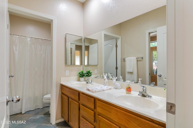 11092 N Eagle Crest Dr, Tucson, AZ 85737 - bathroom with toilet, double vanity, a shower with shower curtain, and tile patterned floors
