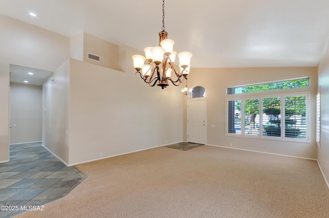 11092 N Eagle Crest Dr, Tucson, AZ 85737 - unfurnished room with carpet flooring, baseboards, a chandelier, high vaulted ceiling, and recessed lighting