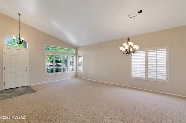 11092 N Eagle Crest Dr, Tucson, AZ 85737 - entryway with a chandelier, carpet, high vaulted ceiling, and baseboards