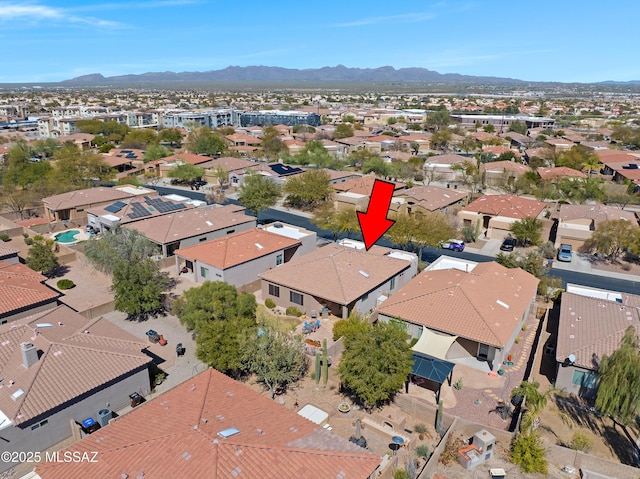 aerial view featuring a residential view and a mountain view