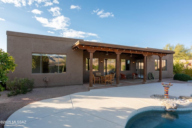 rear view of property with stucco siding, a patio area, an outdoor pool, and ceiling fan