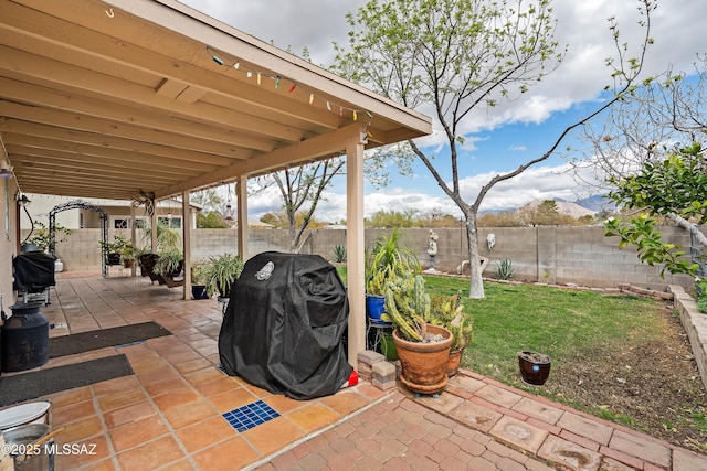 view of patio featuring grilling area and a fenced backyard