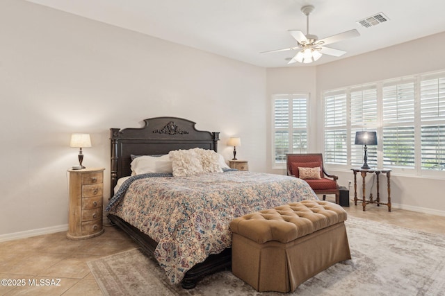 bedroom with light tile patterned floors, visible vents, a ceiling fan, and baseboards