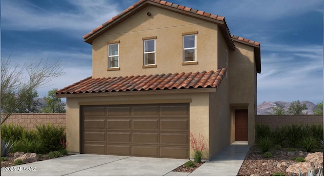 mediterranean / spanish-style home with a garage, fence, and a tiled roof