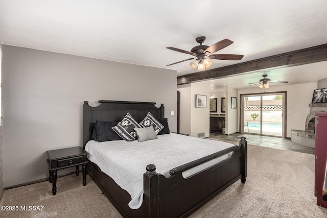 bedroom featuring visible vents, ceiling fan, baseboards, light carpet, and access to outside