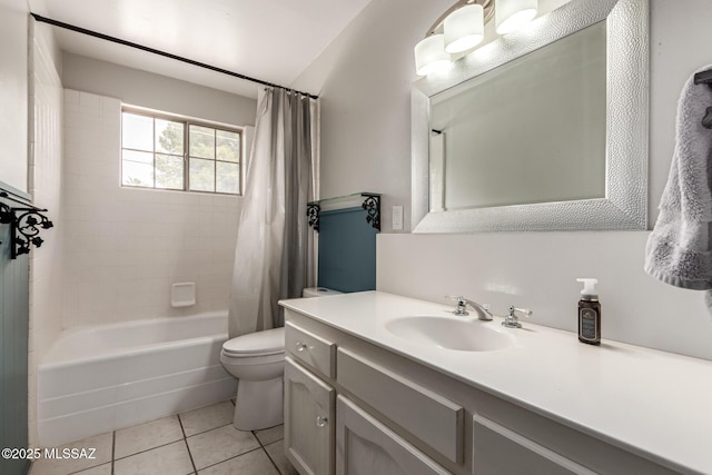 full bathroom featuring tile patterned flooring, shower / tub combo, toilet, and vanity