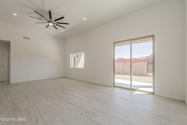 unfurnished room featuring recessed lighting, visible vents, light wood-style flooring, and a ceiling fan