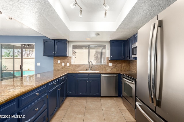 kitchen featuring a tray ceiling, a sink, stainless steel appliances, blue cabinets, and a wealth of natural light