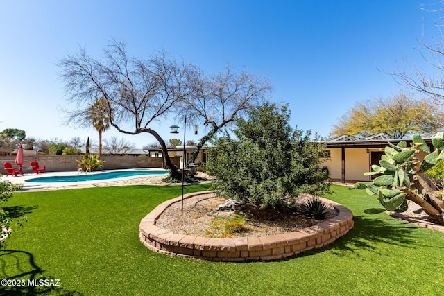 view of yard featuring a patio, a fenced backyard, and a fenced in pool