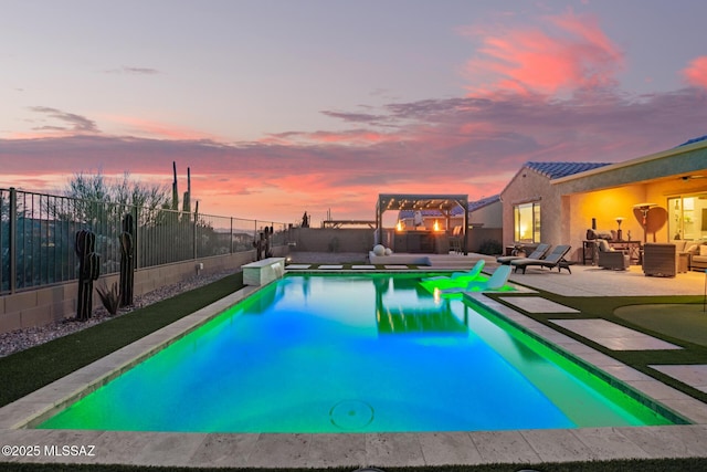 view of pool with a patio area, a fenced backyard, a fenced in pool, and an outdoor hangout area