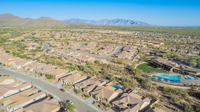 drone / aerial view featuring a mountain view and a residential view