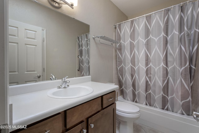 bathroom featuring vanity, tile patterned floors, toilet, and shower / tub combo with curtain