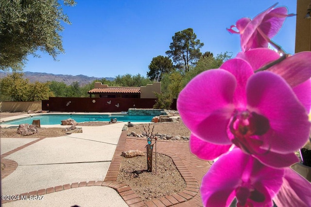 view of swimming pool featuring a fenced in pool, a patio area, and a mountain view