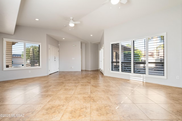 unfurnished living room with lofted ceiling, plenty of natural light, a ceiling fan, and recessed lighting